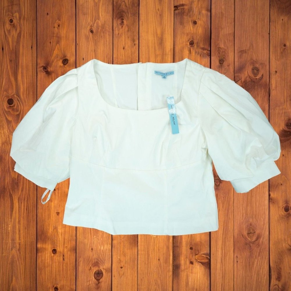 NWT $139 Antonio Melani Womens Sz 14 Levi Blouse Ivory Puff Sleeve Zip Back
